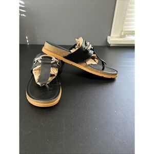 FRANCO SARTO Women's 10 Black  Leather Sandals Slip On Wedge Gold Accent Boho